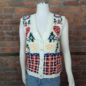 Vintage Empress Womens Sweater Vest Ivory Floral Print Button Front Size M